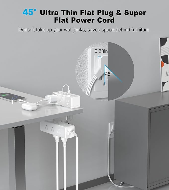 Dual Layer Desk Clamp Power Strip, 19 in 1 Desktop Edge Mount Surge Protector with 4 USB Ports(2 USB-C) & 15 AC Outlets, Ultra Thin Flat Plug & 5FT Power Cord for Office Home(ETL Listed)