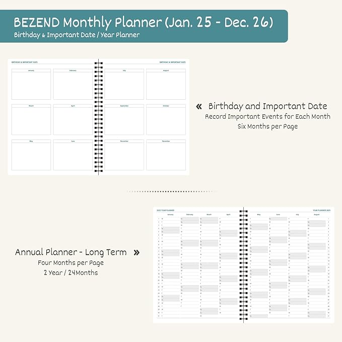 BEZEND 2 Year Monthly Planner 2025-2026 Medium Size 7" x 9" (Jan 2025 - Dec 2026) Spiral Calendar Book with Tabs, 120 GSM Thick Paper, Storage Pockets & Notes, PU Leather Softcover in Black