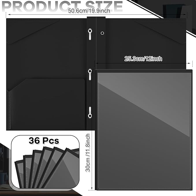Henoyso 36 Pcs Plastic Folder with Clear Front Pocket and 3 Prong Plastic Folders with Card Slot Pocket Folders with Prongs for School Office (Black)