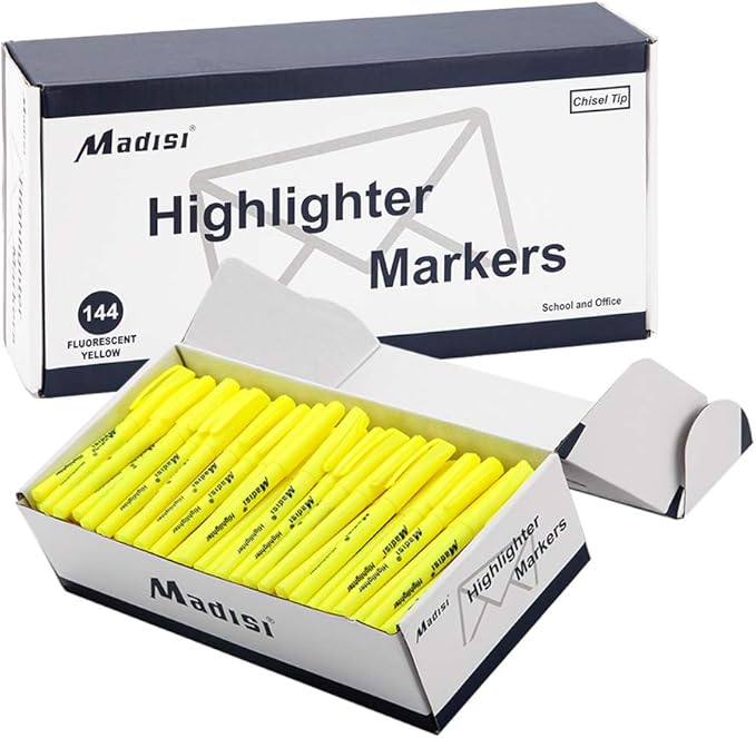 Madisi Highlighters, Chisel Tip, Fluorescent Yellow, Bulk Pack, 144-Count