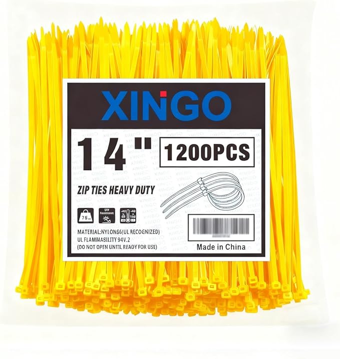 XINGO 14 Inch Yellow Zip Ties 1200 PCS, 75 LBS Ultra Strong Tensile Strength, UV Resistant Cable Ties, Self-locking Plastic Ties for Indoor and Outdoor Use