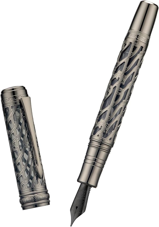 Hongdian A6 Piston Fountain Pen Fine Soft Nib, Jet Black Hollow Skeleton & Resin Pen with Metal Case Set