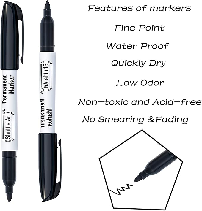 Shuttle Art 24 Black Permanent Markers Fine Tip Markers, Perfect on Plastic, Wood, Stone, Metal and Glass for Doodling, Coloring, Marking, School Supplies
