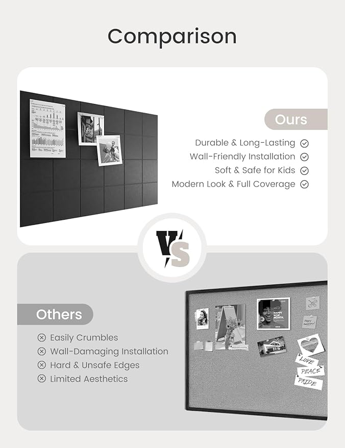 Bumusty Large Cork Board Alternative-36 x24 Felt Bulletin Board Tiles, with 30 Pushpins, 40 Adhesive Tabs, 6-Pack Slat Wall Paneling, Cork Boards for Office Push Pin Board Felt Board-Black