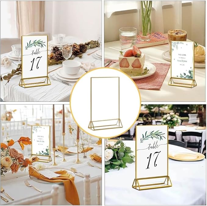 16 Pack Gold Acrylic Sign Holder, 5x7 Inch Picture Frames Wedding Double Sided Display Clear Sign Holders Stand Desktop Table Menu for Wedding Party Restaurant