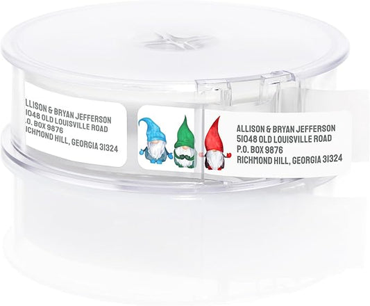 Watercolor Gnome Trio Rolled Address Labels / 500 Personalized Return Address Labels/Designer Address Stickers in Elegant Plastic Dispenser