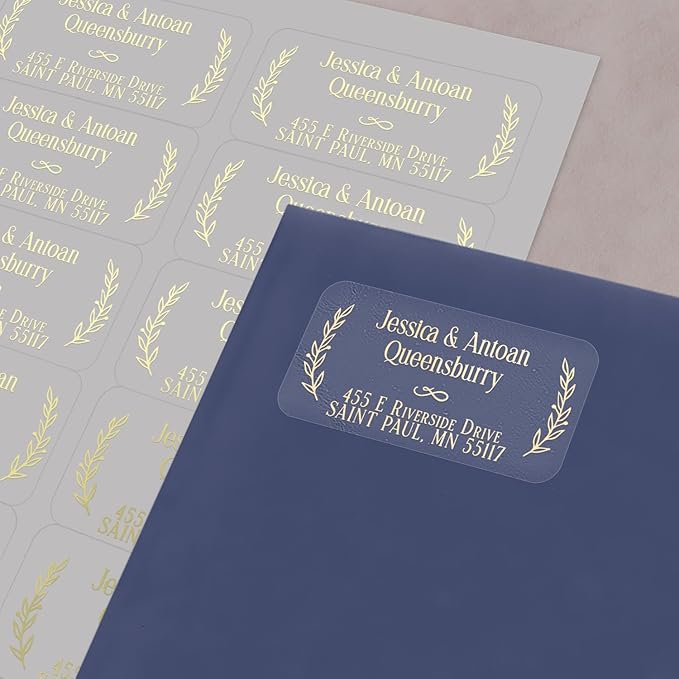 150 Personalized Return Address Labels with Laurel Design, Clear or White Custom Printed Address Stickers with Names & Address – Black, Gold, Rose Gold, Silver Text