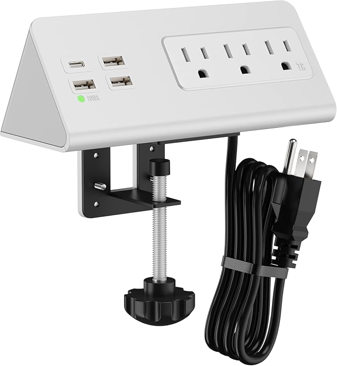 Nightstand Edge Mount Power Strip with USB-C Ports Tabletop Surge Protector Desk Clamp Power Sockets with 3 AC Outlets &4 Fast Charging USB Ports for Home Office Hotel and Dormitory