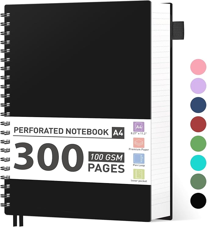 AHGXG Spiral Notebook College Ruled - Spiral Journal Perforated Notebook A4 8.5" x 11", 300 Pages Easy Tear Perforated Pages, 100GSM Thick Paper, Plastic Hardcover, for Writing Work School, Black