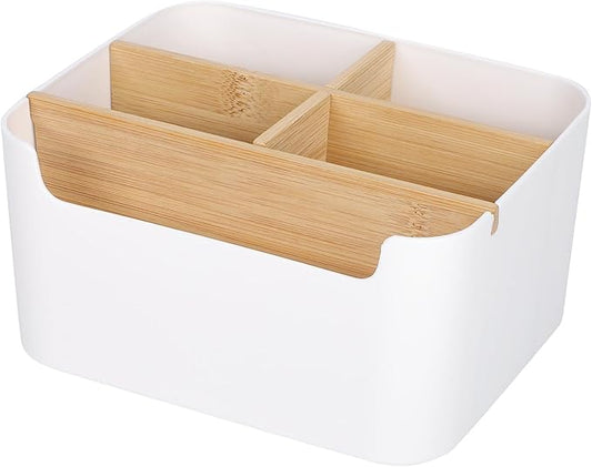 Segarty Desk Storage Box, Divided Bamboo Desktop Organizer, Pencil Holder, Detachable Pen Holder, Remote Control Holder, Cell Phone Box, Modern Wooden Desk Side Organizer for Office Home Accessories