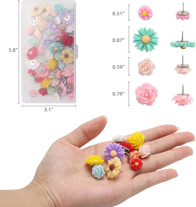 Flower Decorative Push Pins 50Pcs for CorkBoard Office or Home