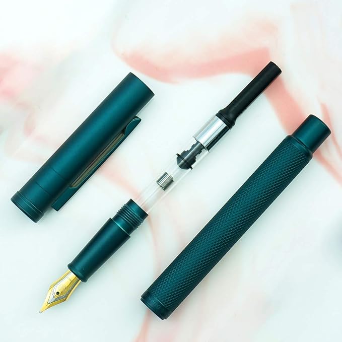 Asvine Dark Green Forest Fountain Pen Fine Nib Classic Design with Converter and Metal Pen Case Set