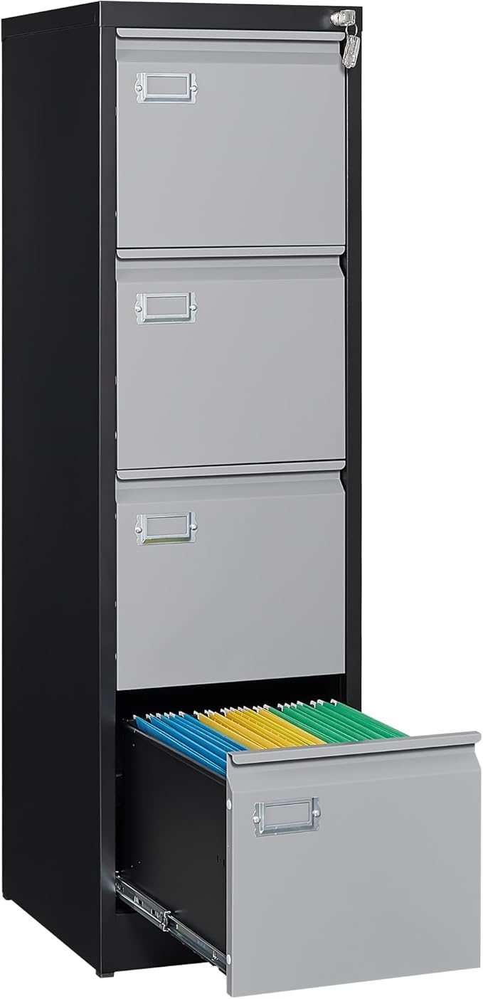 Letaya 4 Drawer File Cabinet with Lock,Metal Office Filing Cabinets for Home Office- Storage A4/F4/Letter/Legal -Assembly Required (Black Grey)