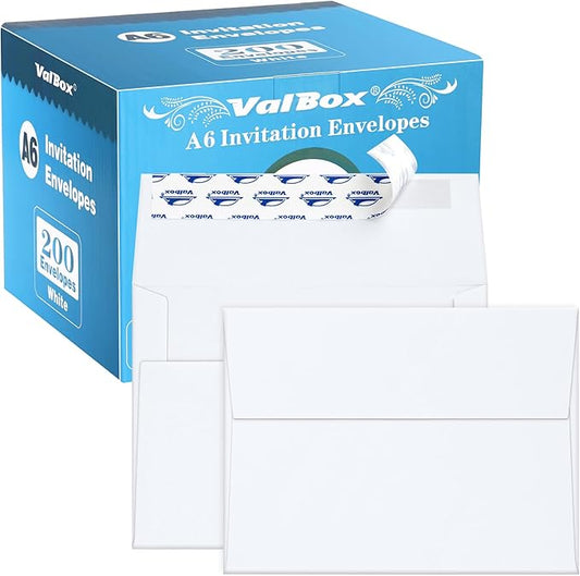 ValBox A6 Envelopes Self Seal 6.5 x 4.75" White Kraft Paper Invitation Envelopes for 4x6 Cards, Photos, Invitations, Weddings, Baby Shower, Birthday, Announcements, RSVP (Pack of 200)