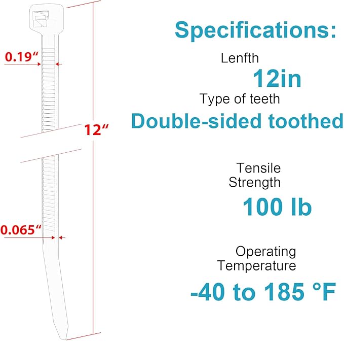 12 Inch Zip Ties Double Sided Toothed,100 LBS Tensile Strength Heavy Duty Cable Wire Ties With Self-Locking Adjustable More Durable Nylon Tie Wraps for Indoor Outdoor（100 Pack）