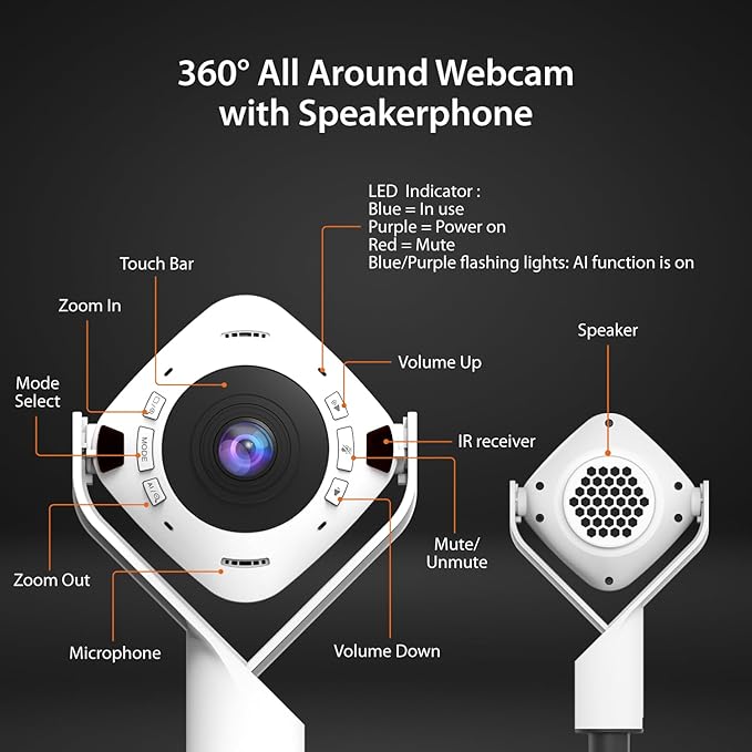 j5create 360 All Around AI-Powered Conference Room Camera with Speakerphone, Smart-Tracking, Auto-Framing, Include a Remote Control (JVU368)