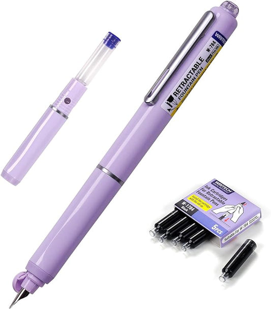 WRITECH Fountain Pen Fine Nib: Retractable Black Ink Pens Set Includes 5 Ink Cartridges Smooth Writing for Calligraphy Sketching Journaling Gift (Purple)