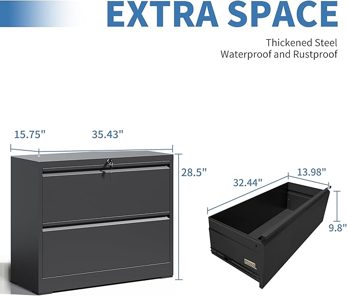 File Cabinets 2 Drawer,Metal Office Storage Filing Cabinet with Lock,Black Lateral Filing Cabinet for Home Office,Horizontal 2-Drawer File Cabinets for Legal/Letter/A4,Assembly Require,Black
