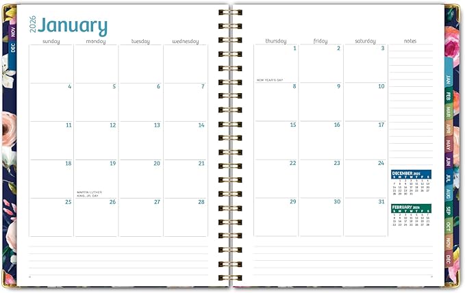 HARDCOVER 2026 Planner, 7"x9": 14 Months (November 2025 - December 2026), Daily Weekly Monthly Planner, Yearly Agenda, Bookmark, Pocket Folder and Sticky Note Set (Small Navy Floral)