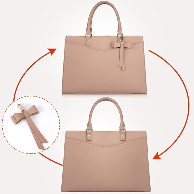 RAINSMORE Laptop Bag for Women 15.6 Inch PU Tote Bag Business Office Work Bag Waterproof Briefcase Computer Tote Lightweight Handbag Shoulder, Khaki