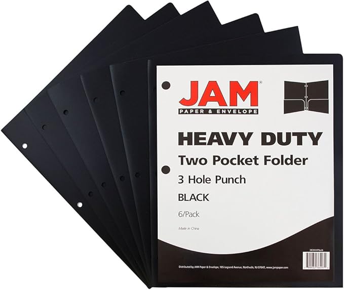 JAM PAPER Heavy Duty Plastic 3 Hole Punch Pocket Folders - Extra Tough School Folders - Black - 6/Pack