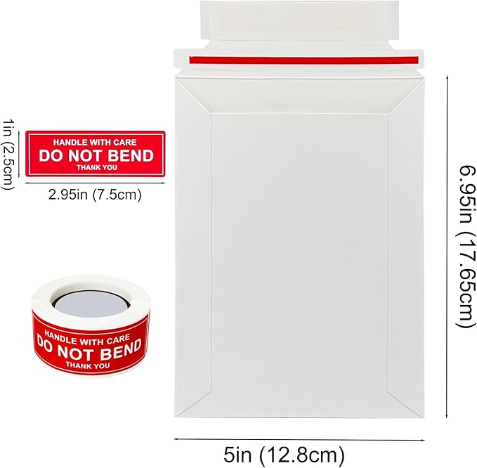 100 Pack 5x6.95" Rigid Mailers Cardboard Envelopes, 400GSM Photo Mailers Shipping Envelope with "DO NOT BEND" Labels, Small Stay Flat Self Seal Document Envelope for Trading Cards- White