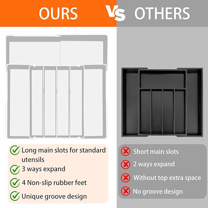 Silverware Organizer - Expandable Silverware Tray for Drawer, Adjustable Utensil Drawer Organizer for Forks, Knives, Kitchen Organizers and Storage, White