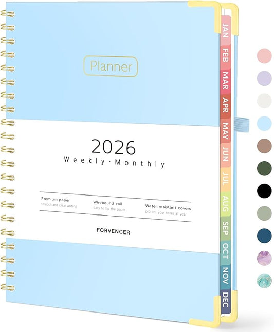 Forvencer 2026 Planner, Hardcover Calendar Planner Weekly and Monthly, January 2026 - December 2026, 8.5" x 11", Spiral Agenda Book with Tabs, Exquisite Daily Journal with Inner Pocket, Organizer Notebook for Office Home School, A4 Size, Light Blue
