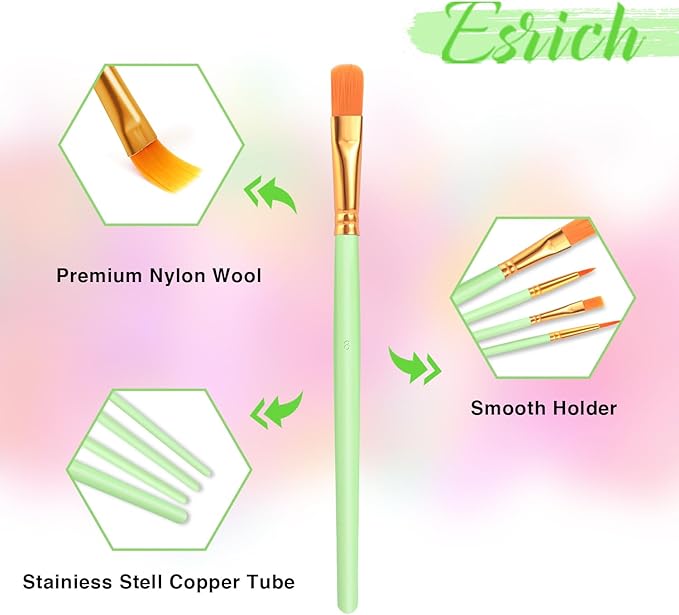 ESRICH Paint Brushes Set,20 Packs 200 Pcs Acrylic Paint Brush Set,Acrylic Oil Watercolor, Face Nail Art, Miniature Detailing,Rock Painting,Painting Artist Professional Kits(Green)