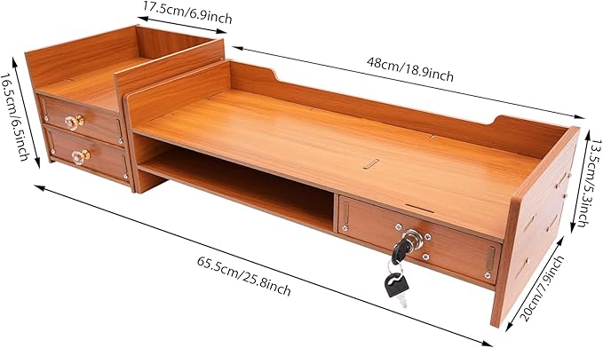 Computer Monitor Stand, Tabletop Computer Rack Wood Monitor Stand Ergonomic Computer Riser Multi Compartment Desk Organizer with 3 Storage Drawers & 2 Keys for Study Office Home
