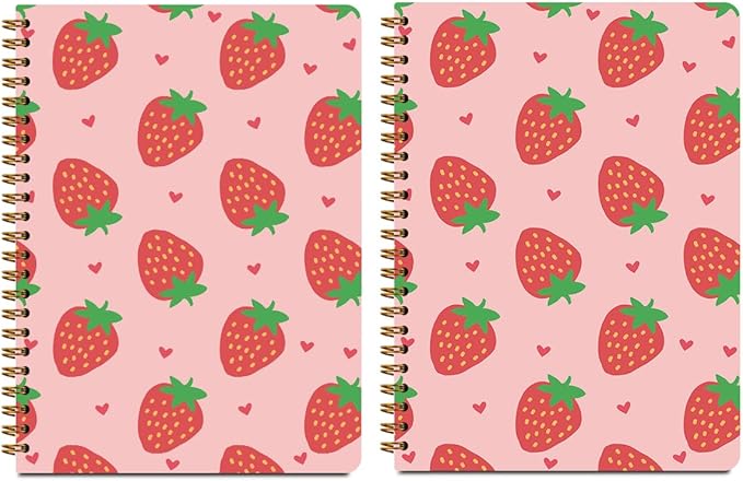 CFGBFDGH 2Pcs Strawberry Spiral Notebooks for Work, A5 Hardcover Notebook Journal, Pink College Ruled Notebook Travel Journal for Writing Office Note Taking 8.3x5.8inch, Strawberry Gifts for Women