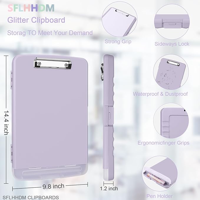 Clipboard with Storage,Storage Clipboard with Pen Holder, A4 Binder Clip Boards 8.5x11 with Low Profile Clip,Side Opening Nursing Clipboards, Clipboards Folder for Office Supplies-Lavender