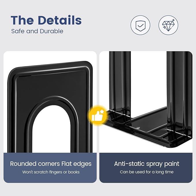 HappyHapi Book Ends, Metal Bookends for Shelves, Non-Skid Book End to Hold Books, Black Book Stopper/Holder for Office Home Kitchen, 5.7X 4.9 X 6.5 in, 3 Pair(6 Pcs, Large)