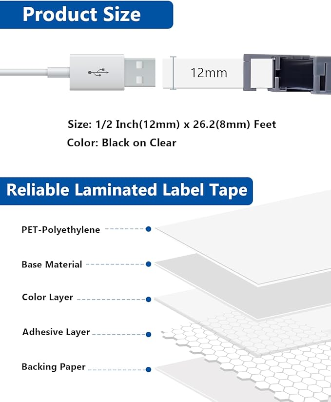 TZe TZ Tape 12mm 0.47 Inch Laminated Clear Compatible with P Touch Label Tape TZe-131 TZe131 for Ptouch PT-H110 D200 D210 D220 D400 D600 D610BT PTD220 Label Maker, Black on Clear