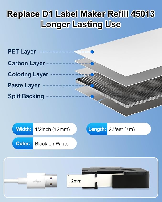 5 x 45013s Replacement for DYMO D1 Label Tape 1/2 Inch x 23 Ft, Black on White, 45013 D1 Label Maker Refills for DYMO LabelManager 160 210D 260P 280 360D 420P 450D (S0720530 12mm x 7m)