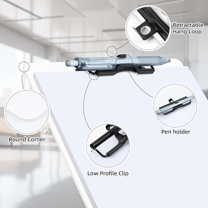 White Clipboard with Pen Holder, Set of 6 Plastic Clipboard with Low Profile Metal Clip, Hanging Clipboards Holds 8.5x11 Inch Papers, Standard A4 Letter Size Clip Boards for Office & School