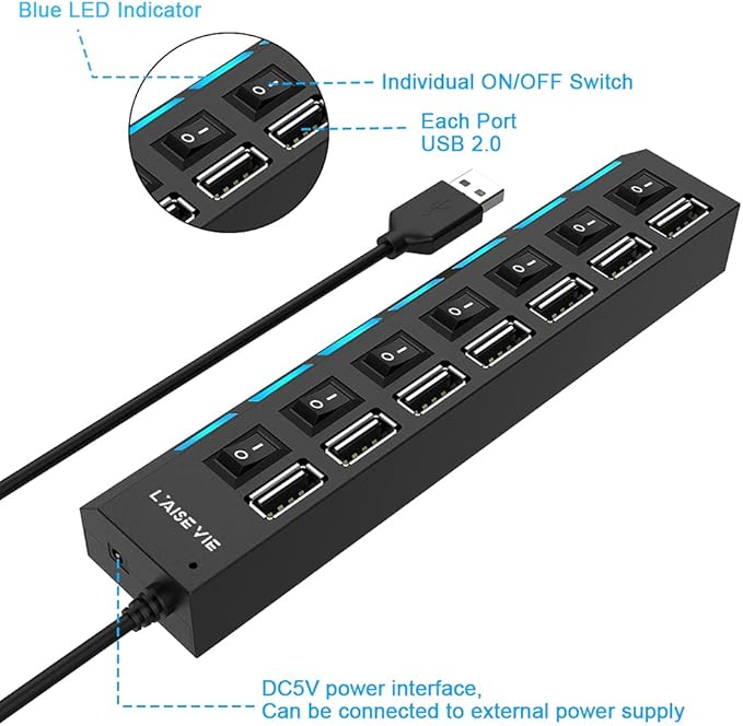 Multi Port Splitter, 7 Port USB 2.0 Hub, USB A Port Data Hub with Independent On/Off Switch and LED Indicators, Lights for Laptop, PC, Computer, Mobile HDD, Flash Drive and More (Black 2.0)