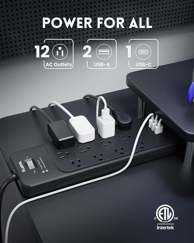 Surge Protector Power Strip 25FT(4080J), PLUGTUL Surge Protector with 12 Outlets - Spacious Design for Large Plugs, Flat Plug, 20W USB C Charging for Home, Office, ETL Listed
