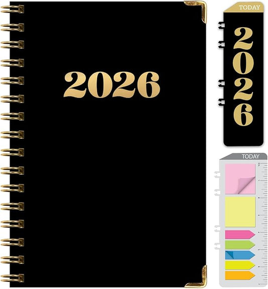 HARDCOVER 2026 Planner, 5.5"x8": 14 Months (November 2025 - December 2026), Daily Weekly Monthly Planner, Yearly Agenda, Bookmark, Pocket Folder and Sticky Note Set (Black Gold Numbers)
