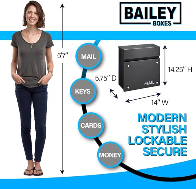 Wall-Mounted Modern Locking Mailbox from Bailey Boxes: Enhance Your Home with The Dalton - 14.25" H x 14" W x 5.75" D. Elevate Your Space with This Stylish Addition.