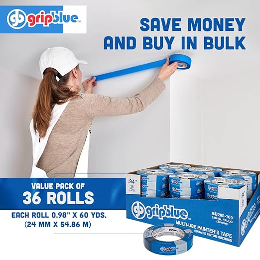 Blue Painters Tape 1 Inch Wide, 36 Rolls Masking Tape - Perfect for Precise Lines on Walls & Trim, Multi-Surface, Residue-Free, Easy Removal - Ideal for Indoor & Outdoor Use, 0.94in x 60yds
