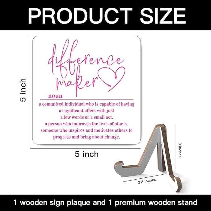 Wooden Table Sign Office Decor Difference Maker Definition Desk Decor Wood Plaque With Stand Thank You Gifts for Boss Women Best Mom Coworker Teacher Office Desk Accessories(White)-C01