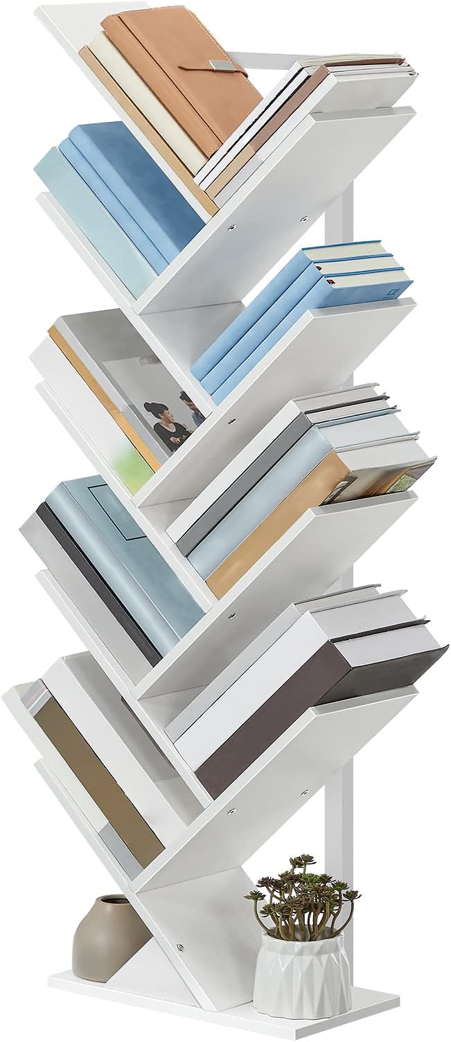 HOOBRO Tree Bookshelf, 9-Tier Bookcase Wooden Shelves, Floor Standing Storage Rack, for Display of CDs, Books in Living Room, Home Office, Wood Storage Rack for Bedroom, White WT08SJ01G1