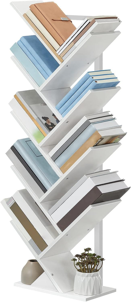HOOBRO Tree Bookshelf, 9-Tier Bookcase Wooden Shelves, Floor Standing Storage Rack, for Display of CDs, Books in Living Room, Home Office, Wood Storage Rack for Bedroom, White WT08SJ01G1