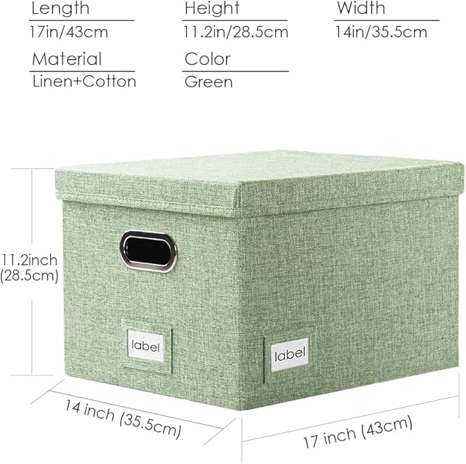 PRANDOM File Organizer Box - Set of 1 Collapsible Decorative Linen Filing Storage Hanging File Folders with Lids Office Cabinet Letter/Legal Green (17x14x11.2 inch)