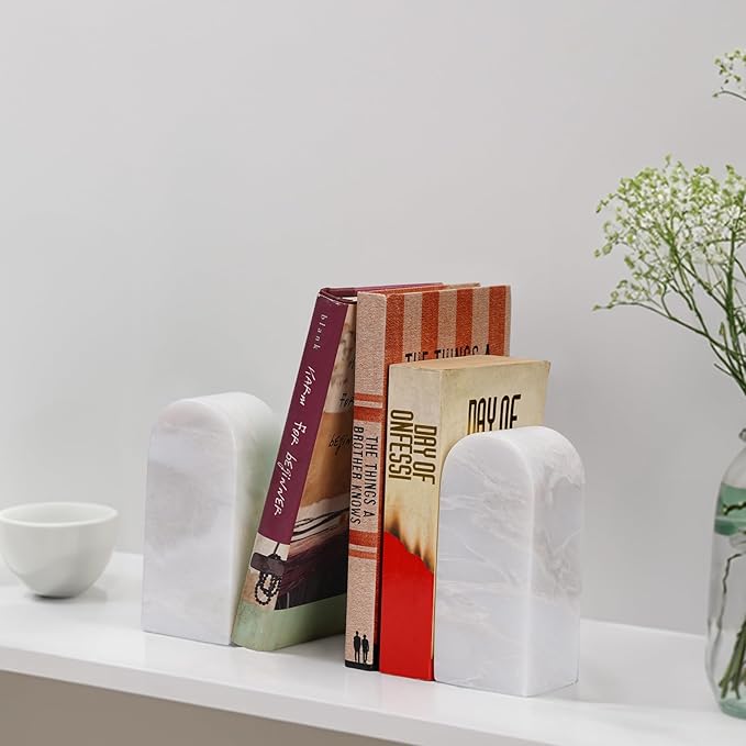 Koville African Natural Marble Bookends for Shelves, Decorative Book Ends, 7lbs Heavy-Duty Marble Book Holders, Bookshelf Apartment Decor for Normal Books/CD/Video Games(Bianco Fiora)