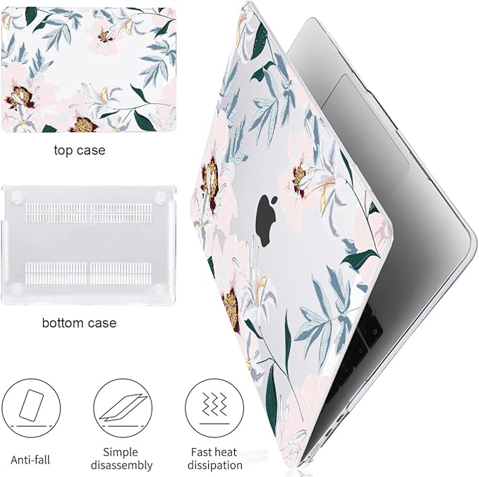 for New MacBook Air 13.6 inch Case 2025 M4 A3240 Cover, Printed Pattern Plastic Hard Shell Case Keyboard Skin for M2 M3 Mac Air 13.6 2024 2023 2022 A2681 A3113, Pink Peonies & Lilies
