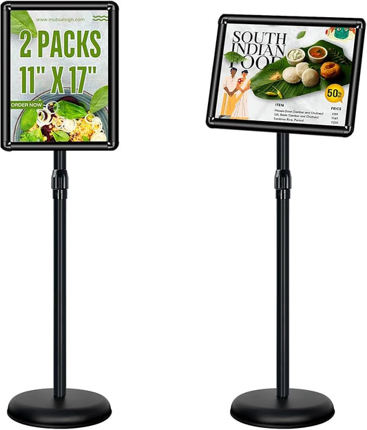 Poster Stand Holder Adjustable Pedestal Floor Standing Sign Holder Vertical and Horizontal View Sign Display, Aluminum Snap Open Frame with Safety Corner (2P-Black-11x17)