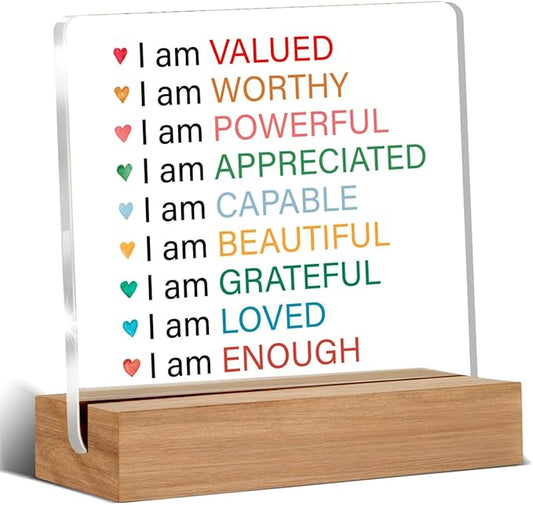 Inspirational Affirmation Gifts I Am Valued Clear Desk Decorative Sign Acrylic Sign With Wooden Stand for Office Desk Table Shelf