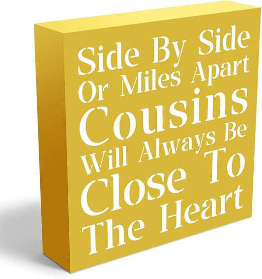 Cousin Wooden Box Sign Decorative Cousins Gifts Home Office Desk Decor for Tabletop Bookshelf Farmhouse Bedroom Library Dining Room Rustic Square Tiered Tray Wall Decor birthday Yellow